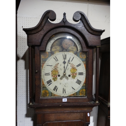 580 - An Antique Oak Encased Long Case Clock With Arched & Painted Dial With Eight Day Movement, Signed