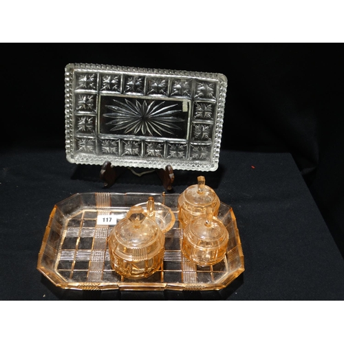 117 - A Pink Tinted Art Deco Period Glass Dressing Table Set Etc