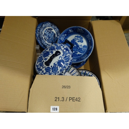 128 - A Box Of Blue And White Pottery