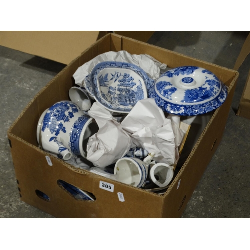 305 - A Box Of Blue And White Pottery