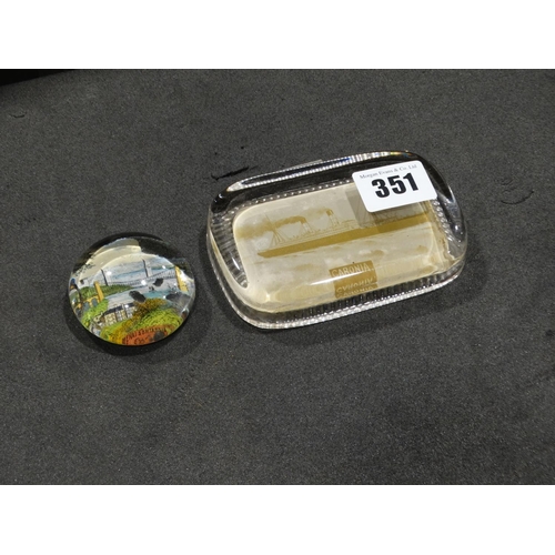 351 - Two Antique Glass Paper Weights One Showing The Steam Ship 'Caronia', The Other Showing The Menai Br... 