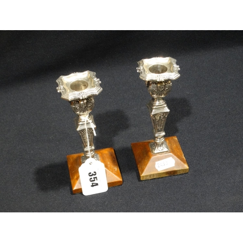 354 - A Pair Of Victorian Silver Candle Holders On A Wooden Bases , Sheffield Hallmarks