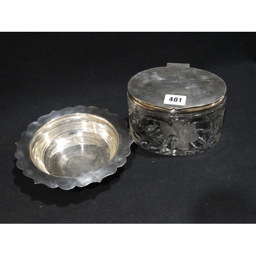 401 - A Cut Glass Trinket Box With Plated Lid And Mount With A Circular Plated Dish