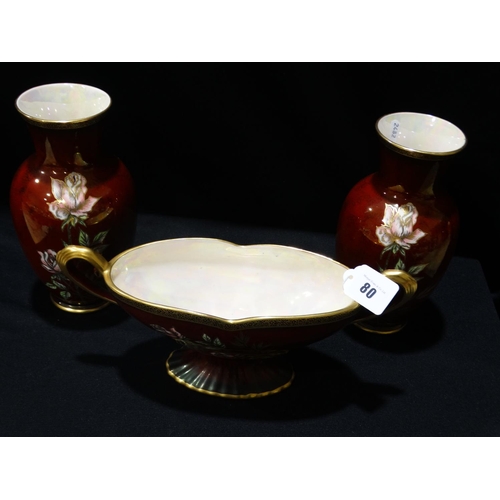 80 - Three Crown Devon Red And Gilt Vases