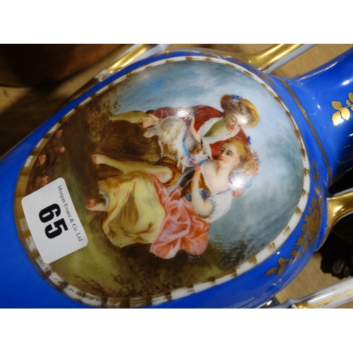 65 - An Antique Continental Porcelain Blue Ground Two Handled Vase With Painted Panel Of Lovers, Together... 
