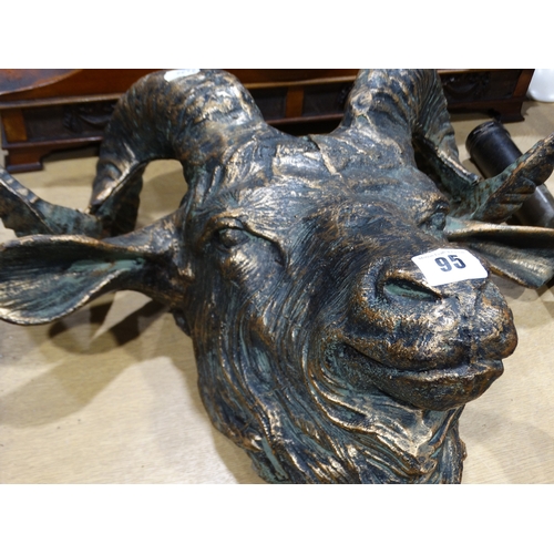 95 - A Large Heavy Cast Bronze Effect Goat Head Wall Mask 14inches