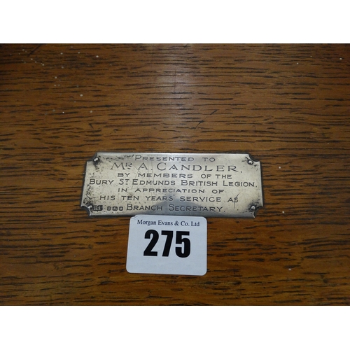 275 - An Edwardian Oak Two Door Smokers Cabinet With Silver Plaque