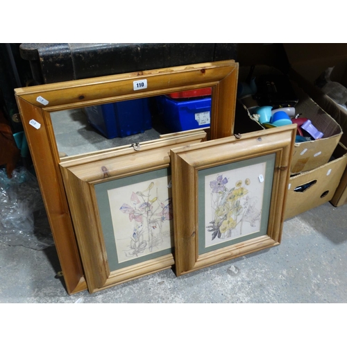 110 - A Pine Framed Mirror, Together With Two Pine Framed Prints