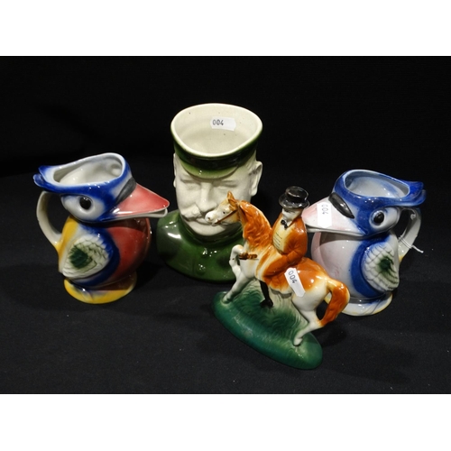 15 - A Staffordshire Pottery Jug In The Form Of Kitchener, Together With Two Bird Water Jugs Etc