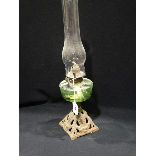 18 - A Square Metallic Based Oil Lamp With Green Glass Bowl