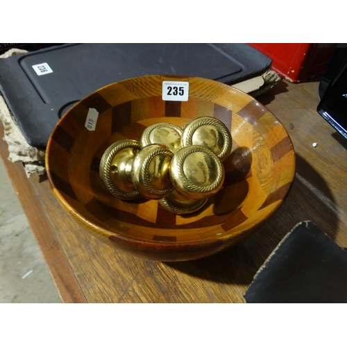 235 - A Wooden Fruit Bowl, Together With Four Brass Door Knobs