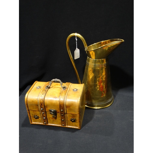 25 - A Circular Based Brass Pitcher, Together With A Wooden Trinket Box