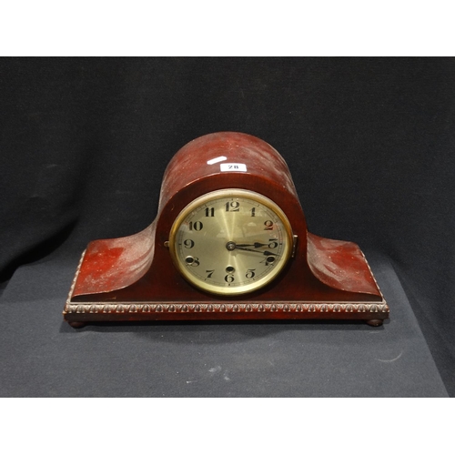 28 - A Polished Mahogany Finish Mantel Clock With Circular Silvered Dial