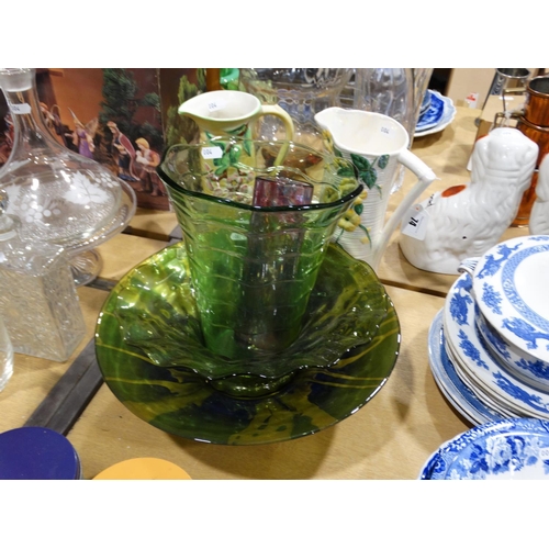 74 - Two Art Deco Pottery Water Jugs, Together With A Qty Of Coloured Glassware