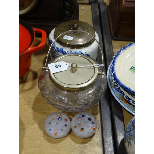 80 - A Glass Biscuit Box, Together With A Gouda Pottery Jar Etc