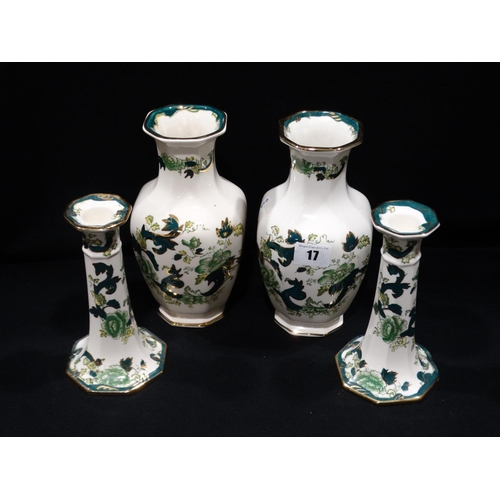 17 - A Pair Of Masons Ironstone Chartreuse Pattern Vases, Together With A Pair Of Candlesticks