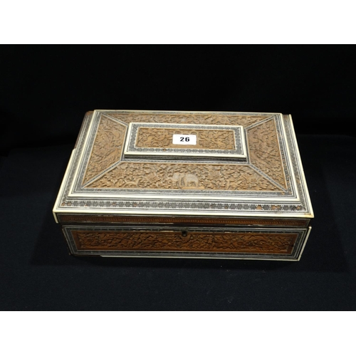 26 - An Early 20thc Anglo Indian Carved Sewing Box With Bone Inlay