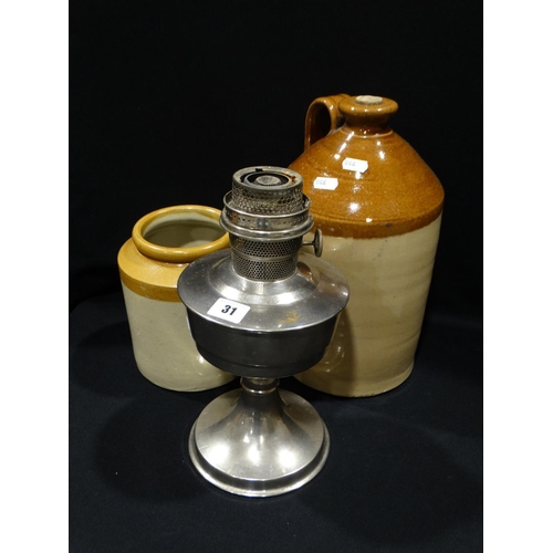 31 - Two Stoneware Jars, Together With A Chrome Finish Oil Lamp