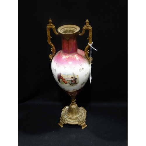 45 - A Late Victorian Porcelain & Gilt Metal Two Handled Vase Depicting Shakespearean Scenes