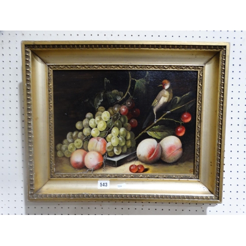 543 - Victorian School, Oil, Still Life Study Of Fruit & A Bird