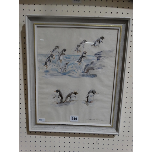 544 - Eileen Alice Soper (1905 - 1990), Watercolour, Study Of Rock Hopper Penguins, Signed