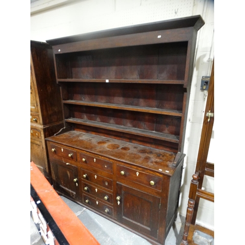 572 - An Antique Oak Welsh Dresser, Having Three Shelf Rack & Base Of Cupboards & Drawers, 66