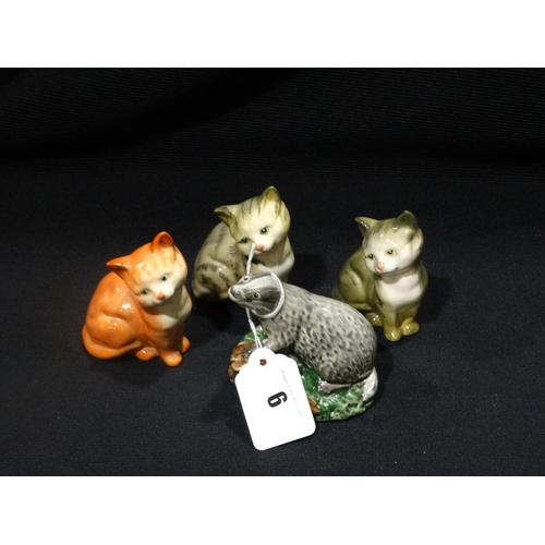 6 - Three Beswick Model Kittens, Together With A Beswick Badger