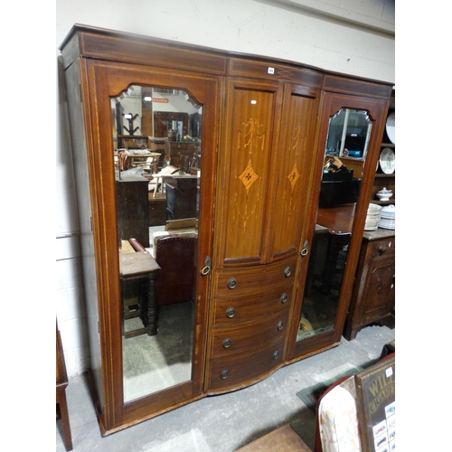 686 - An Edwardian Mahogany & Inlaid Bow Fronted Mirrored Wardrobe