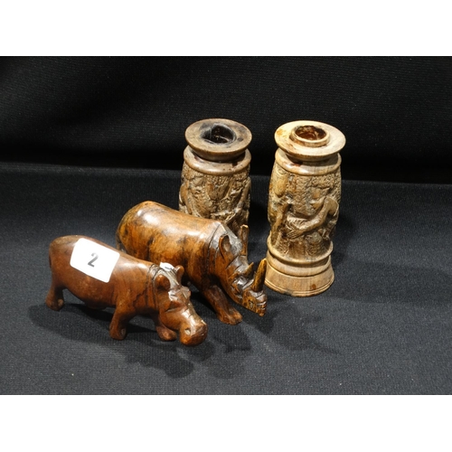 2 - A Pair Of Tribal Carved Wooden Candle Holders Etc (4)