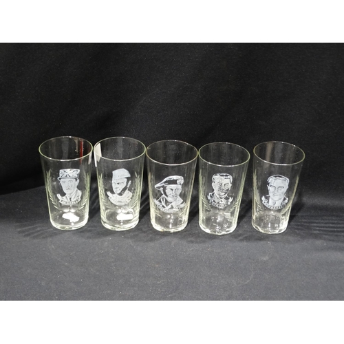 24 - A Group Of Five Matching 2nd World War Period Glass Tumblers Each Depicting A Military Figure