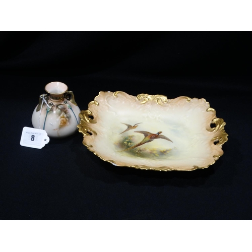 8 - A Royal Worcester Blush Ivory Ground Serving Plate With Painted Panel Of Pheasant Together With A Fu... 