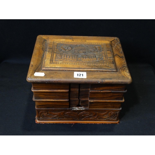 121 - An Early 20thc Olive Wood Sewing Box With Scene Of Jerusalem