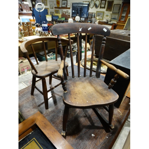 131 - An Antique Windsor Style Childs Rocking Chair, Together With A Childs Stick Back Chair