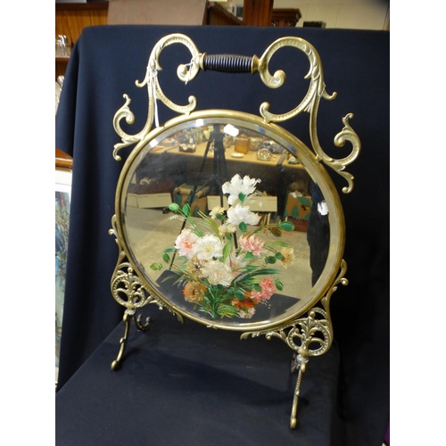 137 - A Late Victorian Brass Framed & Floral Painted Mirrored Fire Screen