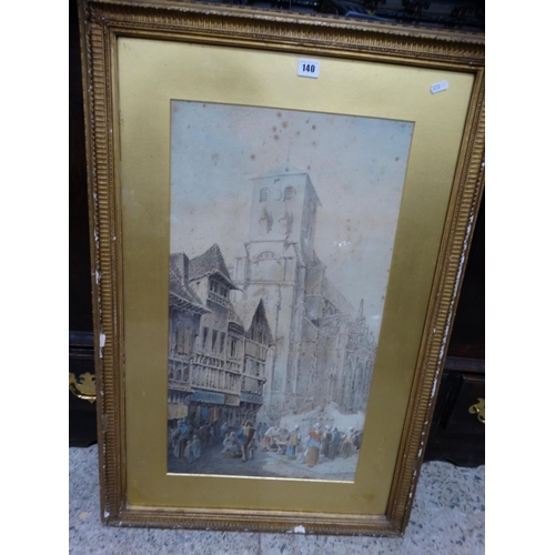 140 - 19thc School Watercolour, French Cathedral & Street View, Unsigned