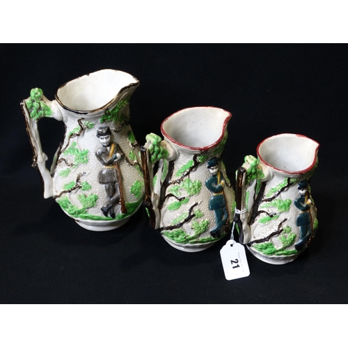 21 - A Set Of Three Graduated Moulded Staffordshire Pottery Hunting Jugs