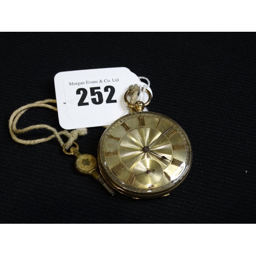 252 - An 18ct Gold Key Wind Fob Watch & Key With Gold Coloured Dial, 50grms All In