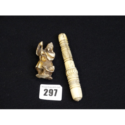 297 - An Antique Bone Needle Case, Together With A Resin Netsuke