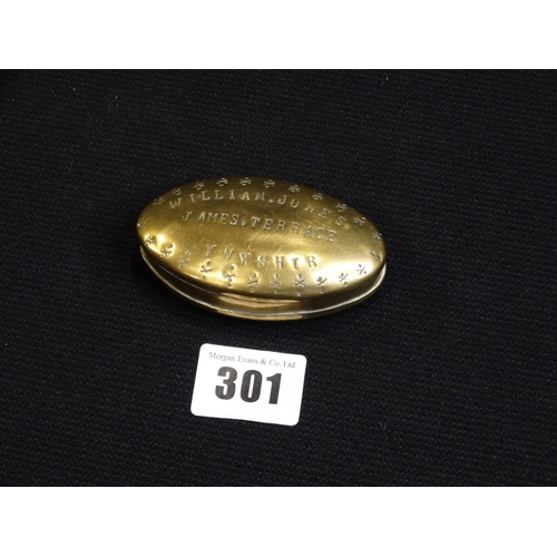 301 - A Brass Quarrymans Snuff Box For William Jones, James Terrace, Ynys Hir