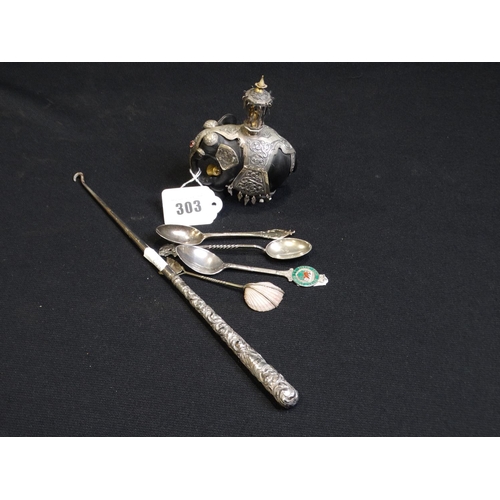 303 - A Miniature Indian Silver Embellished Wooden Elephant, Together With A Qty Of Silver Spoons Etc