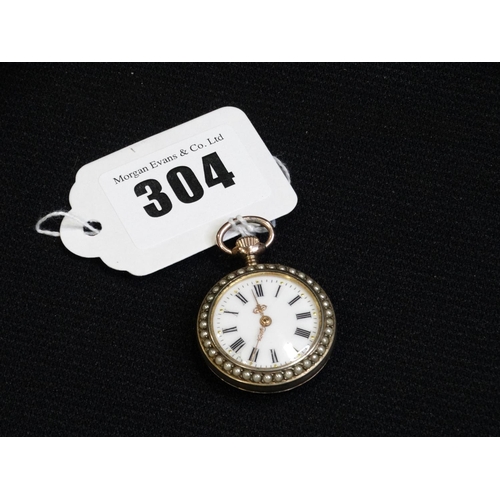 304 - A Silver Blue Enamel & Seed Pearl Decorated Fob Watch