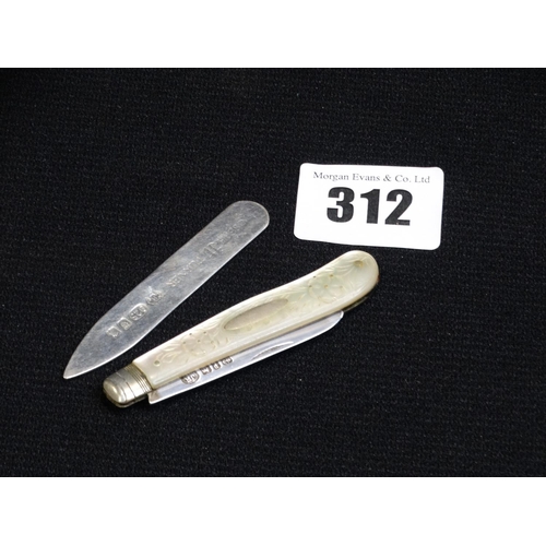 312 - A Mother Of Pearl & Silver Bladed Fruit Knife, Together With A Silver Book Mark