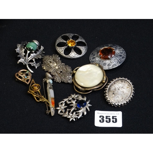 355 - A Qty Of Costume Brooches To Include Silver & Mother Of Pearl