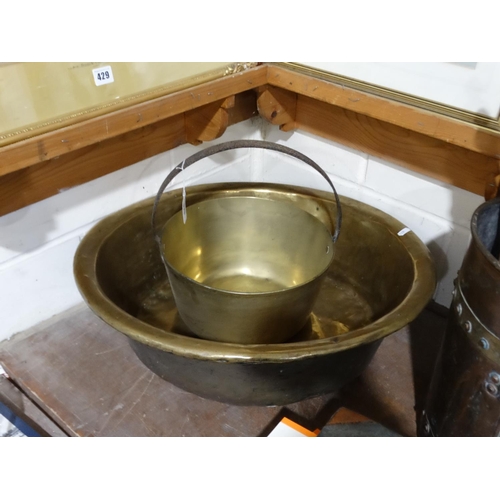 375 - A Large Antique Brass Bowl, Together With A Preserve Pan