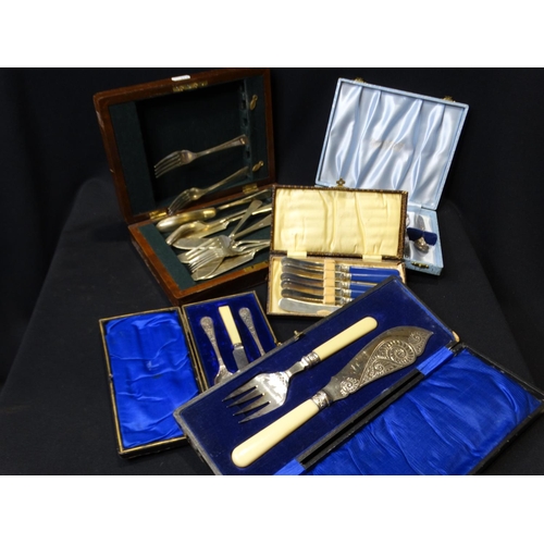 399 - A Qty Of Cased Cutlery Sets To Include A Sterling Silver Handled Cake Slice