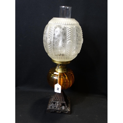 99 - A Square Based Oil Lamp With Amber Tinted Bowl