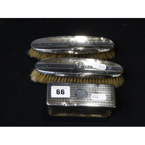 66 - Two Silver Backed Dressing Table Brushes, Together With A Silver Topped Glass Box