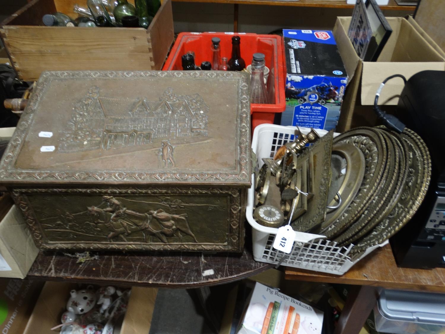 A Brass Covered Log Box Etc