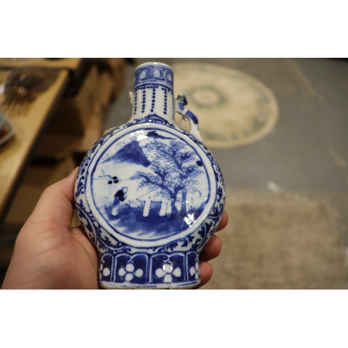 13 - A 19thc Chinese Blue & White Moon Flask With Landscape Panels (Af) 6.5