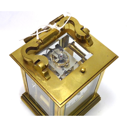 268 - A 19TH CENTURY FRENCH GILT BRASS REPEATER CARRIAGE CLOCK
Having a carry handle, four bevelled glass ... 